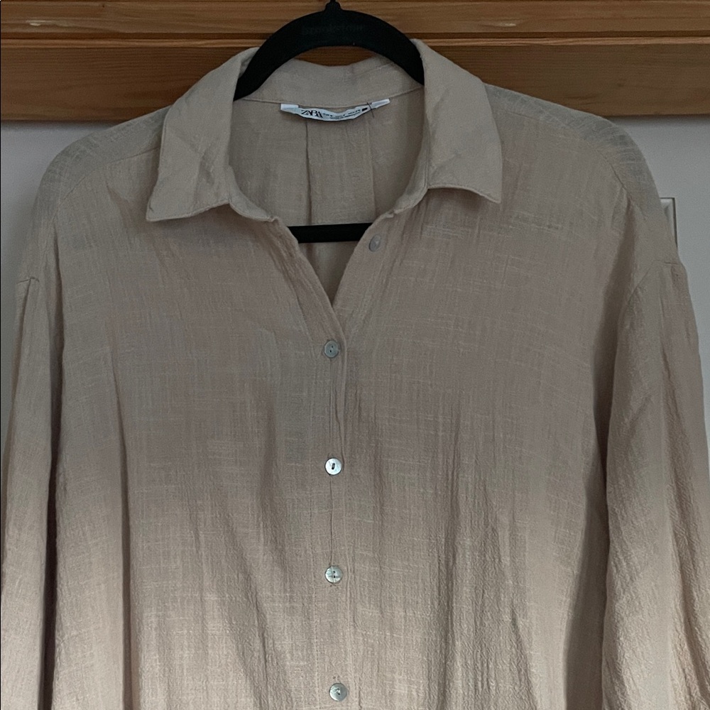 Zara Neutral Beige Textured Button Blouse - Picture 3 of 6